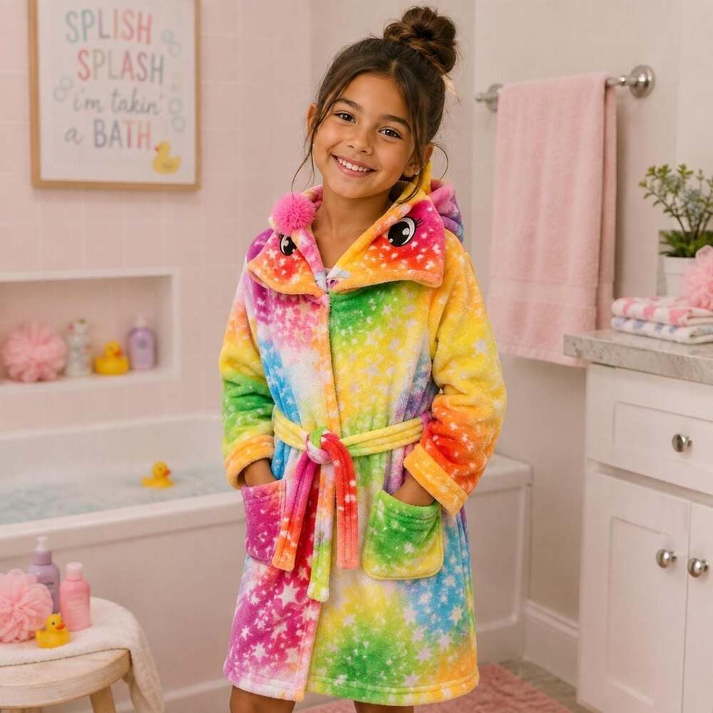 Unbranded Kids Rainbow Star Unicorn Fleece Bathrobe Size 8-9 Years